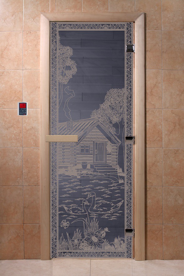 Дверь стеклянная черный или синий жемчуг DOORWOOD Банька в лесу